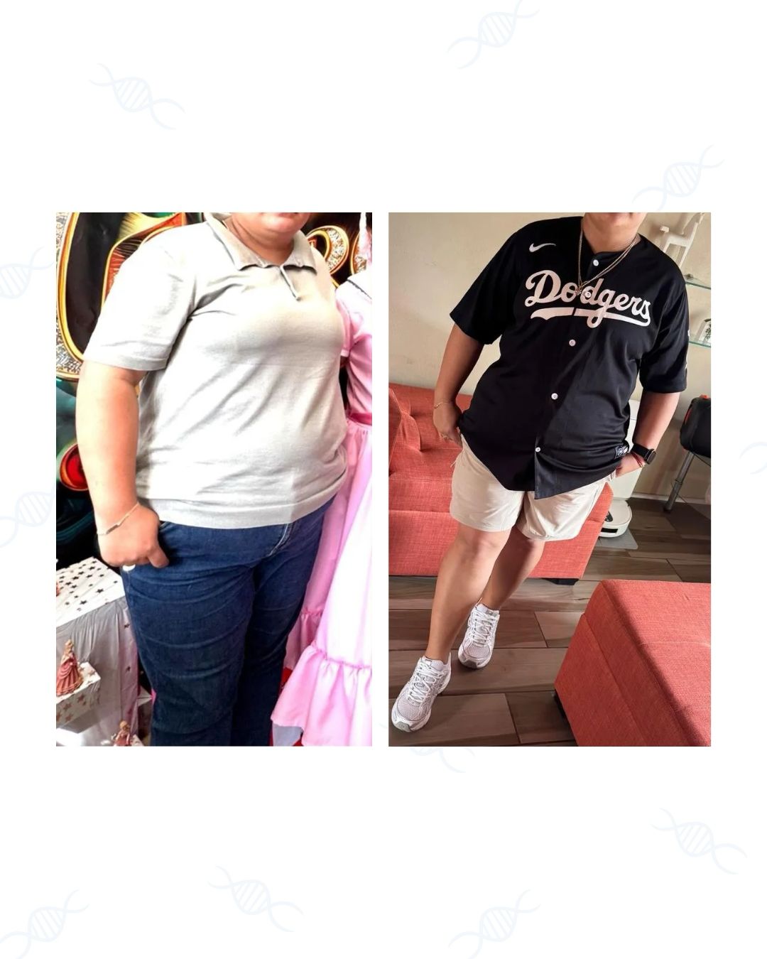 Comparación de dos tomas a cuerpo entero, ambiente de hogar, fines ilustrativos; no atribuye resultados a quienes aparecen.